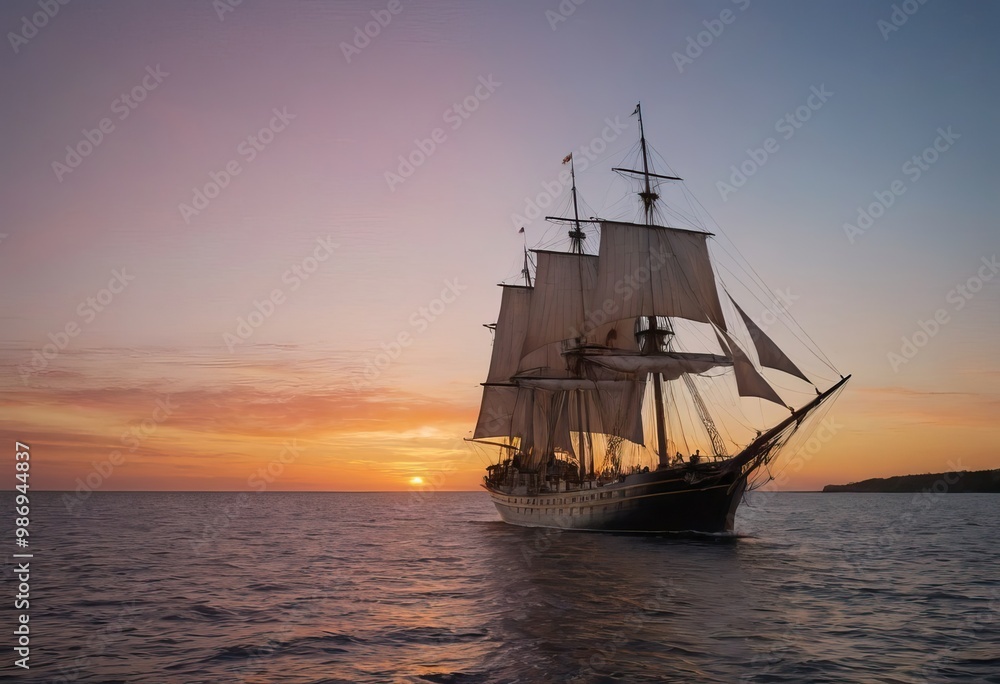 A majestic sailboat floats in the ocean at sunset on the horizon A majestic sailboat floats in the ocean at sunset on the horizon