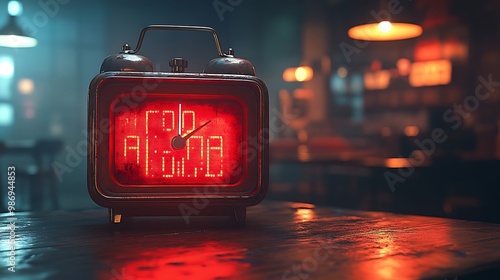 A retro alarm clock with a red digital display set to 100 AM sits on a wooden table in a dimly lit bar, suggesting a late night or early morning. photo