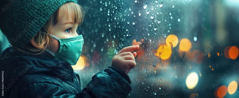 Fototapeta premium The Child Touching Rainy Window