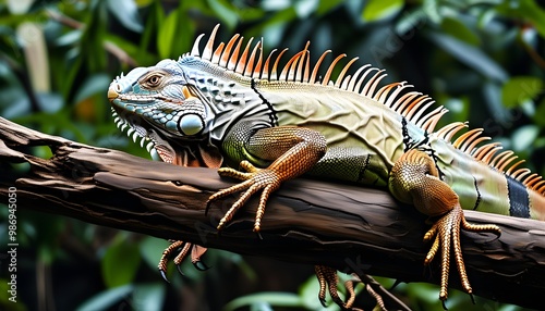 Exotic iguana perched on a wooden branch surrounded by vibrant foliage, highlighting unique reptilian features and textures photo