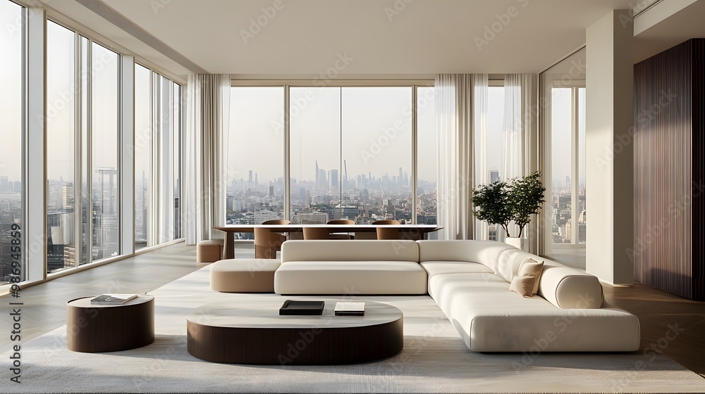 Large luxury modern living room interior mockup, bright and spacious with contemporary furnishings and expansive windows. Large luxury modern living room interior mockup, bright and spacious with contemporary furnishings and expansive windows.