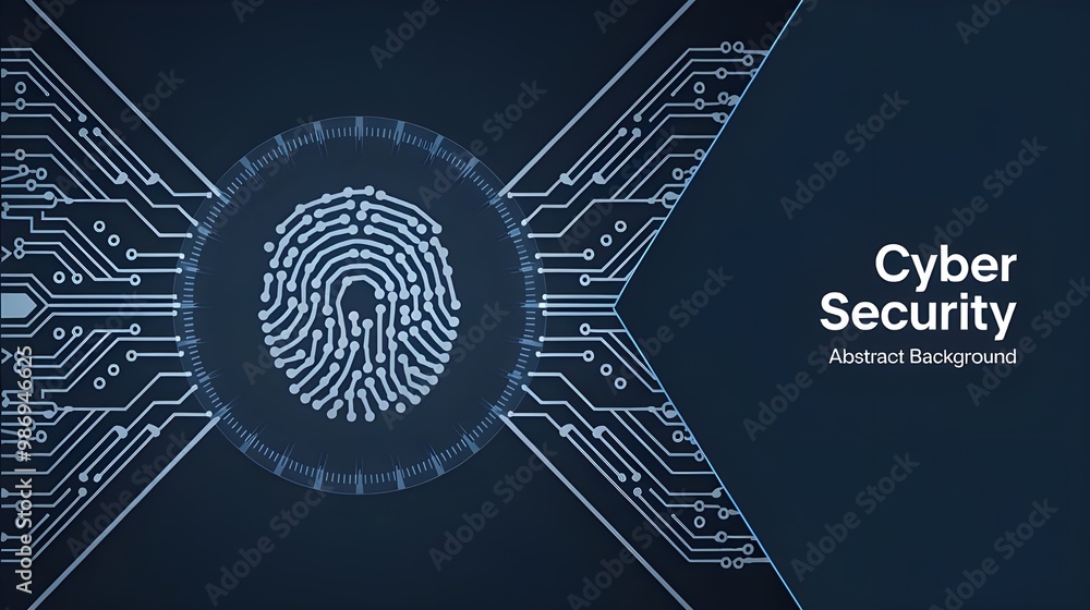 Obraz premium Abstract digital background featuring a dark blue circuit board pattern at the center a glowing fingerprint symbol representing identity verification