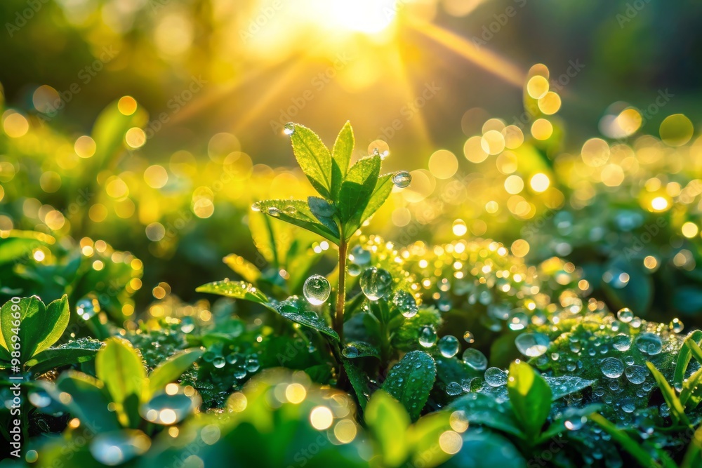 Morning dew sparkles on lush green leaves, creating a tranquil atmosphere in a peaceful natural landscape, where