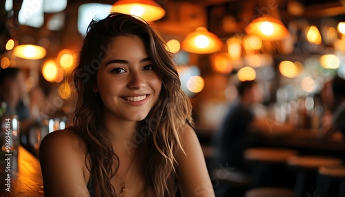 Joyful young woman enjoying lively conversations in a cozy tavern with warm, inviting lighting