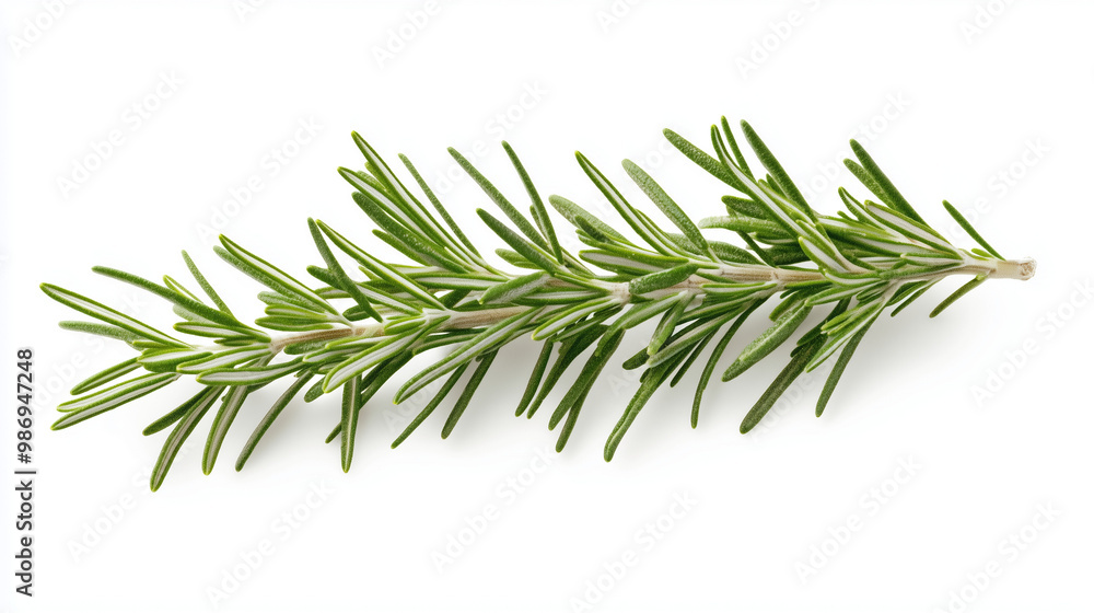A sprig of fresh rosemary with needle-like leaves on a white background, looking fresh and aromatic A sprig of fresh rosemary with needle-like leaves on a white background, looking fresh and aromatic