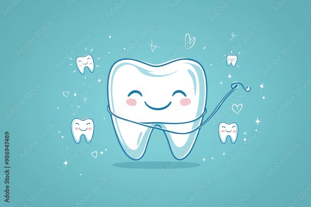 Cute cartoon tooth character with floss in mouth, surrounded by smaller ...