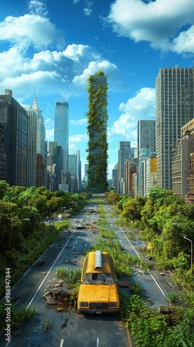 Post-apocalyptic city overrun by nature, abandoned skyscrapers covered in vines