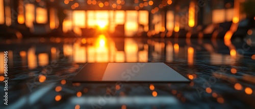 Blank tablet on a shiny surface with a blurred sunset background.