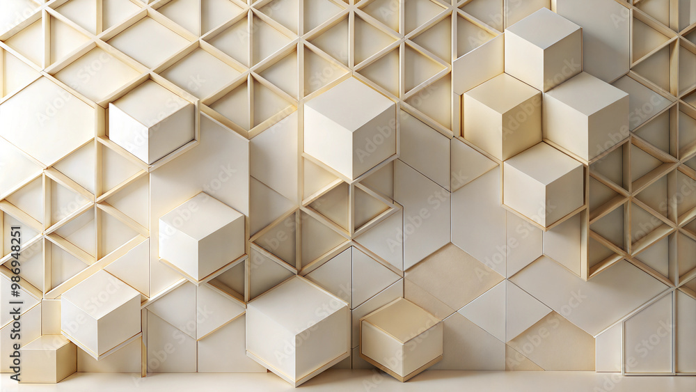 3D geometric cube wall design in beige tones, modern abstract pattern with depth and shadows 3D geometric cube wall design in beige tones, modern abstract pattern with depth and shadows