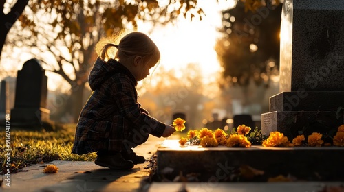 A young child kneels in a cemetery, placing flowers at a grave during a serene sunset, capturing a moment of remembrance. Day of the dead