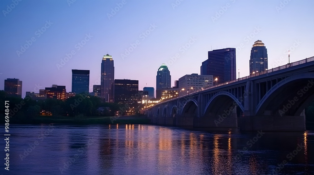Naklejka premium Minneapolis skyline with the Stone Arch Bridge over the Mississippi River at dusk.