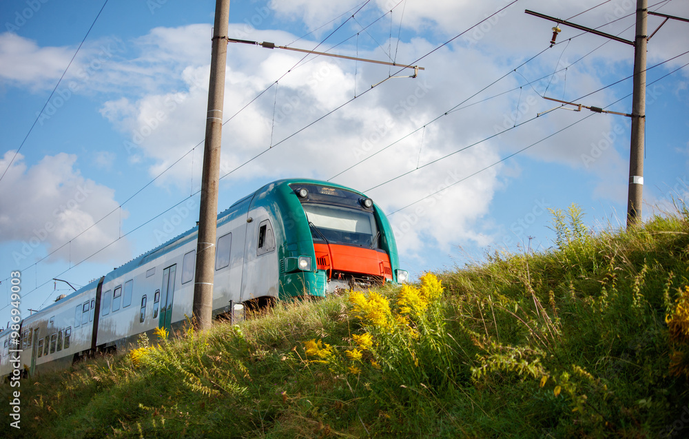 Naklejka premium A high-speed train travels along the railway in summer