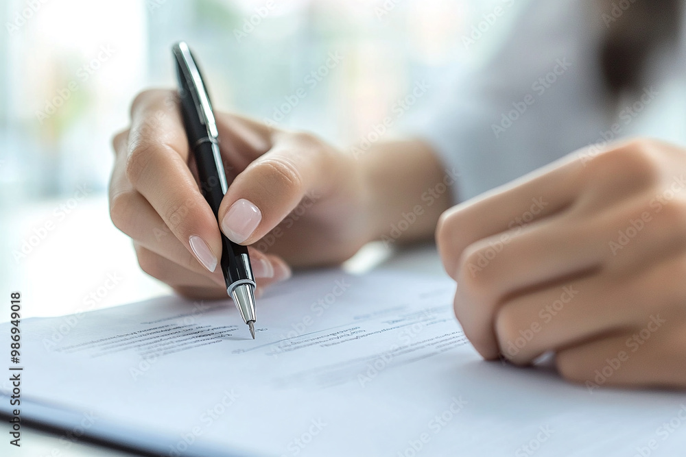 Working with documents or signing them. Woman signs an agreement, contract or document with black pen Working with documents or signing them. Woman signs an agreement, contract or document with black pen