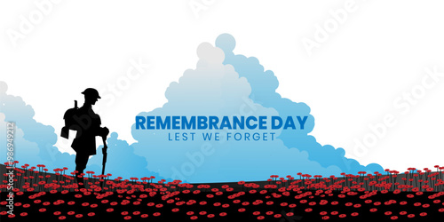 Remembrance day poster, Lest We forget 11 November greeting banner or card of poppy flowers, Remembrance day, Victory Day, Anzac day, Vector illustration.	