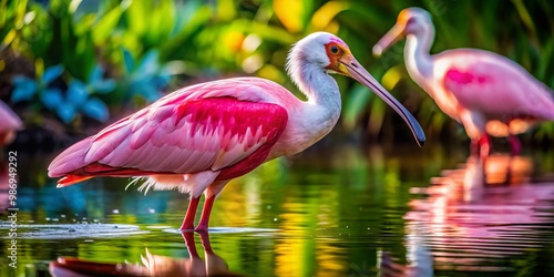 Vibrant pink birds gracefully inhabit Florida's lush landscapes, surrounded by rich green foliage and tranquil waters, photo