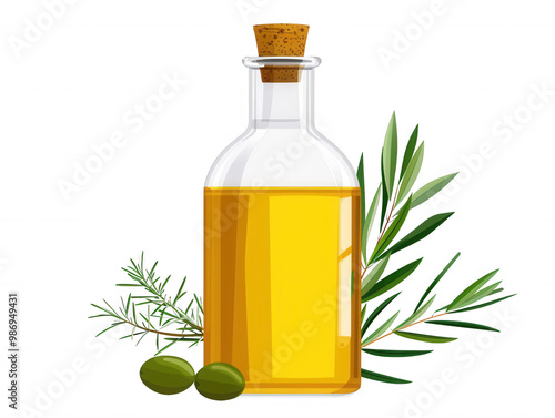 Flat design of olive oil bottle with sprig