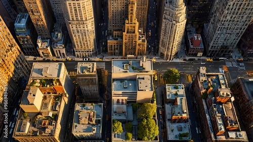 A bird's-eye view of Manhattan’s grid layout, with busy streets and avenues lined 
