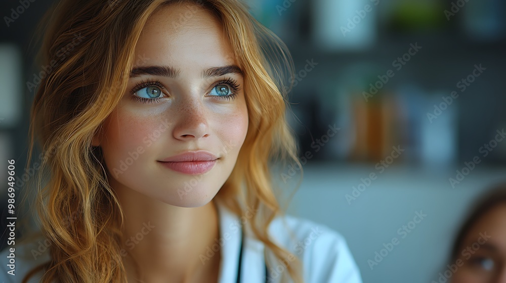 Close-up portrait of a young woman with blue eyes and long blonde hair, looking away thoughtfully. Close-up portrait of a young woman with blue eyes and long blonde hair, looking away thoughtfully.