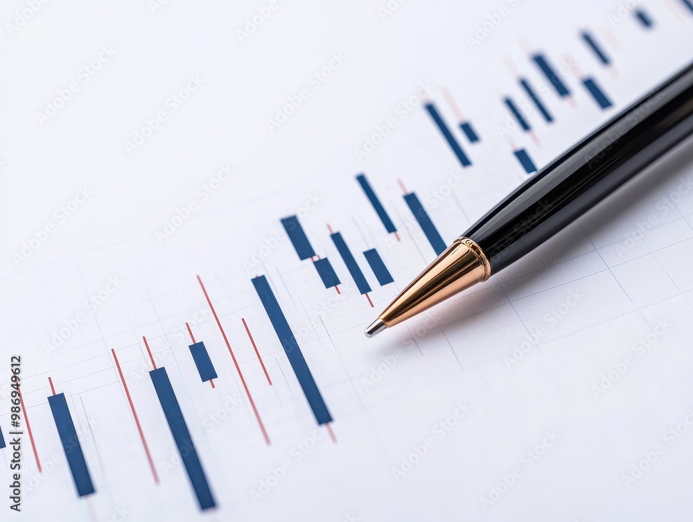 Close-up of a pen resting on a financial chart with blue candlestick patterns, white background. Close-up of a pen resting on a financial chart with blue candlestick patterns, white background.