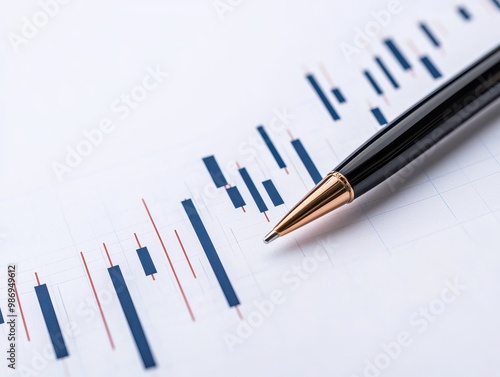 Wallpaper Mural Close-up of a pen resting on a financial chart with blue candlestick patterns, white background. Torontodigital.ca