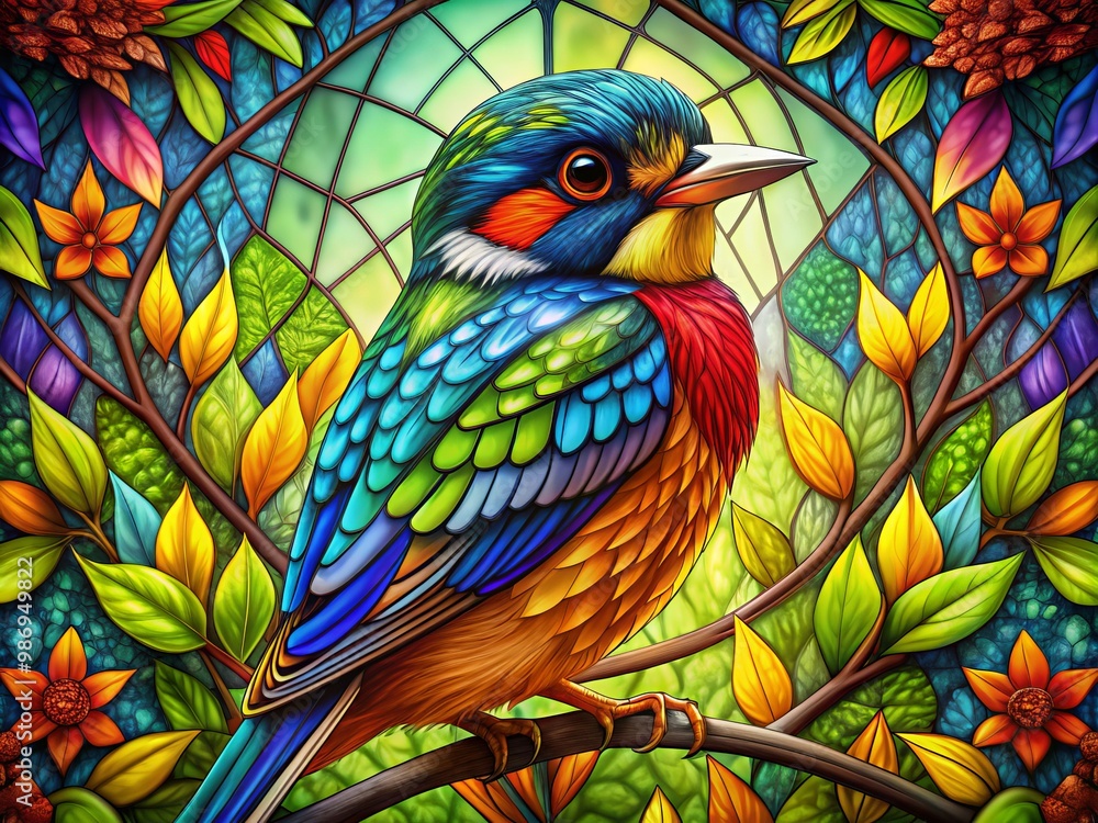 Vibrant stained glass bird featuring detailed patterns and vivid colors, perfect for decorative art. An exquisite Vibrant stained glass bird featuring detailed patterns and vivid colors, perfect for decorative art. An exquisite