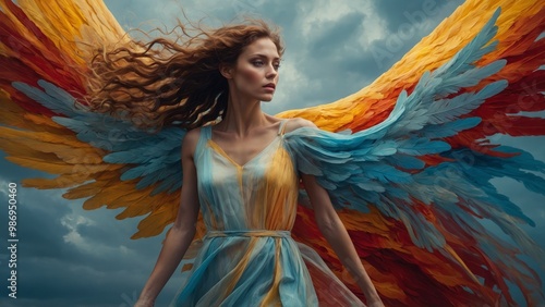 portrait of beautiful young red - haired woman in blue dress with wings flying over the sky