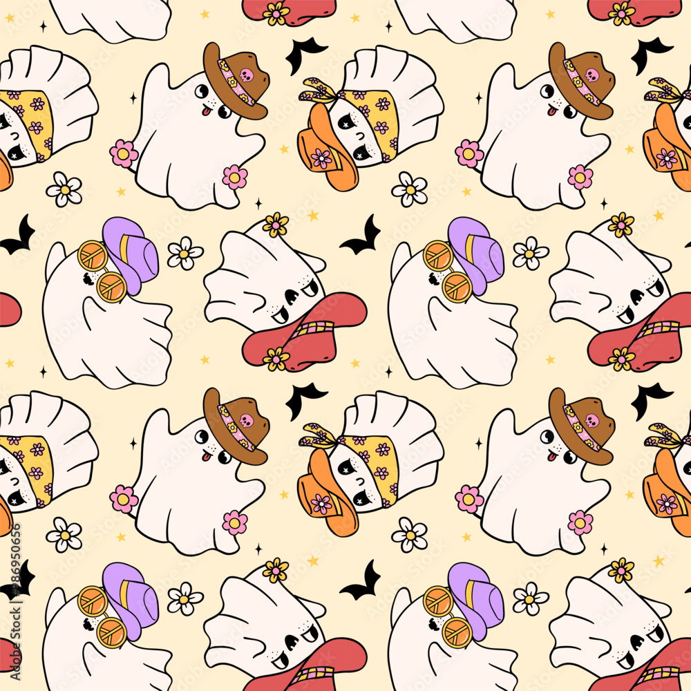 Obraz premium Retro Cowboy Halloween ghost Seamless Pattern Howdy Western Doodle isolated on background.