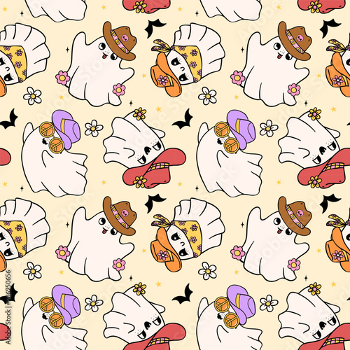 Retro Cowboy Halloween ghost Seamless Pattern Howdy Western Doodle isolated on background.