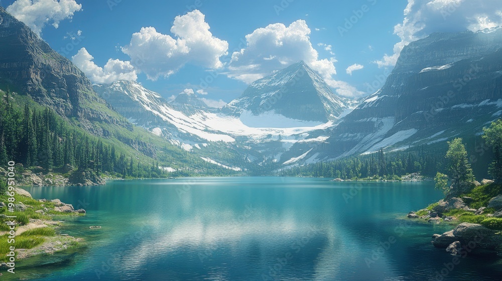 A breathtaking view of a remote, pristine glacier lake nestled within a deep valley surrounded by towering mountain peaks. The still, clear waters perfectly reflect the snow-covered mountains and the A breathtaking view of a remote, pristine glacier lake nestled within a deep valley surrounded by towering mountain peaks. The still, clear waters perfectly reflect the snow-covered mountains and the