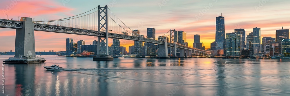 Fototapeta premium A picturesque evening view of a city skyline, dominated by a large suspension bridge that spans across a body