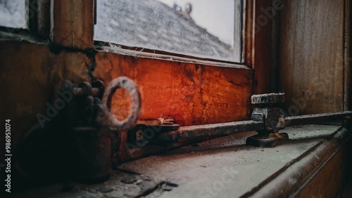 Close up old window with rusty key