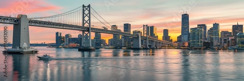 A picturesque evening view of a city skyline, dominated by a large suspension bridge that spans across a body