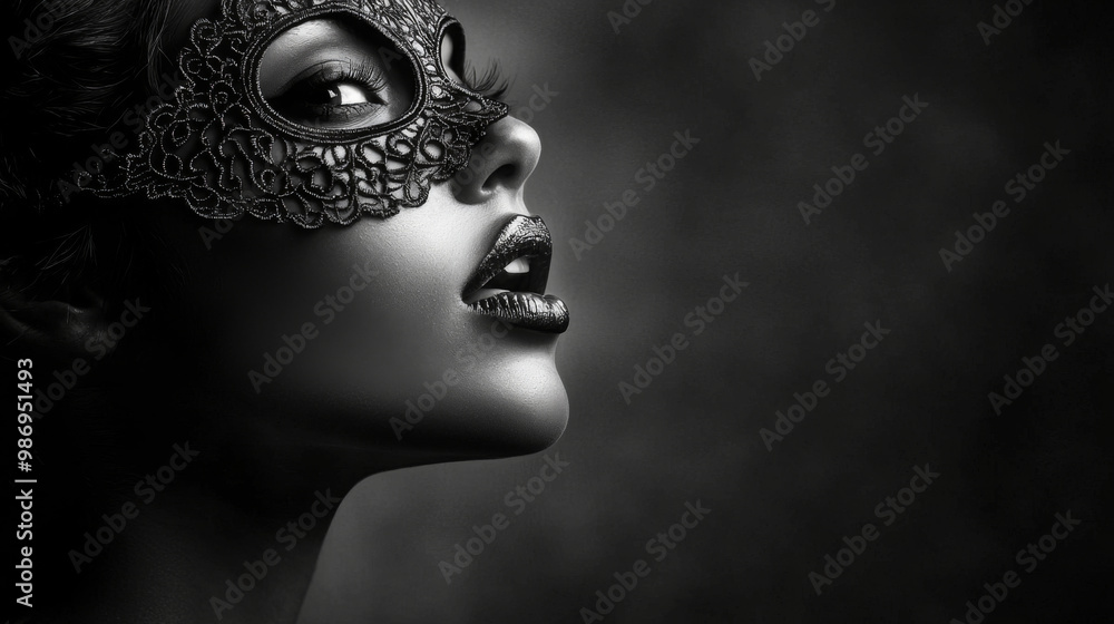 A woman with a black mask on her face. The mask is black and has a lace design. The woman is looking at the camera with a serious expression. The image has a dark and mysterious mood A woman with a black mask on her face. The mask is black and has a lace design. The woman is looking at the camera with a serious expression. The image has a dark and mysterious mood
