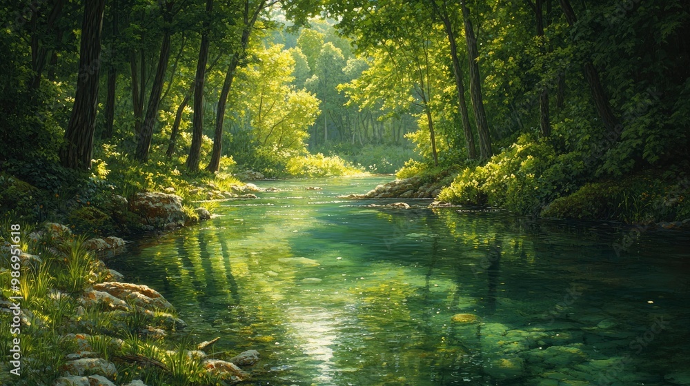 A serene image of a hidden, unspoiled river meandering through a lush, verdant forest. The clear waters reflect the vibrant greenery of the surrounding foliage, and the dappled sunlight creates a A serene image of a hidden, unspoiled river meandering through a lush, verdant forest. The clear waters reflect the vibrant greenery of the surrounding foliage, and the dappled sunlight creates a