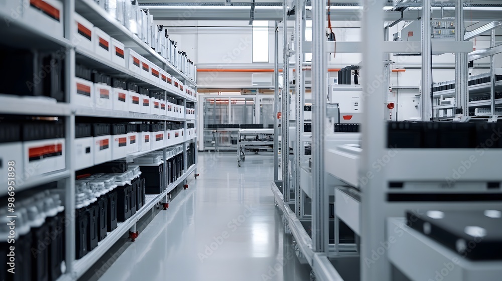 Obraz premium Modern facility for battery energy storage with advanced battery units in a high-tech, industrial setting.