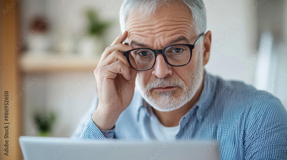 Close-up of a grey-haired man adjusting his glasses while reviewing documents on his laptop in a modern office. Close-up of a grey-haired man adjusting his glasses while reviewing documents on his laptop in a modern office.