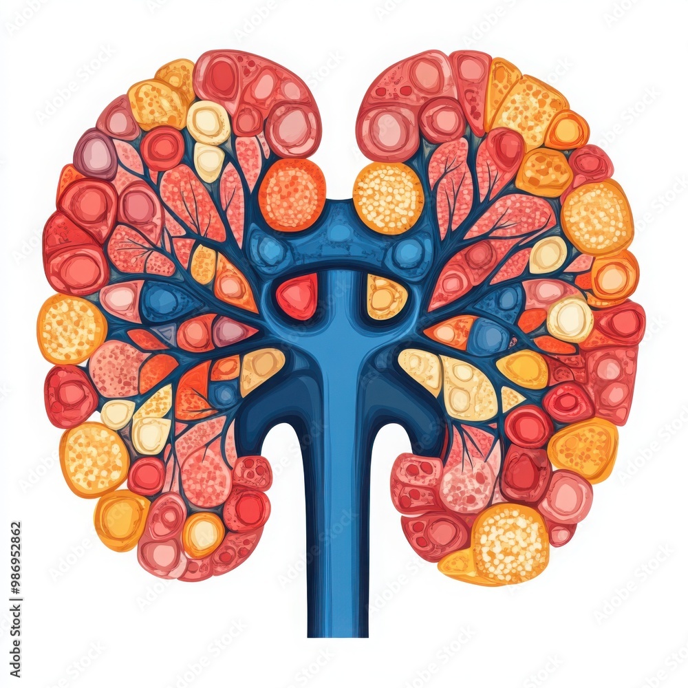 A colorful illustration of a kidney's anatomy, showcasing its internal structure with various cell types and components. A colorful illustration of a kidney's anatomy, showcasing its internal structure with various cell types and components.