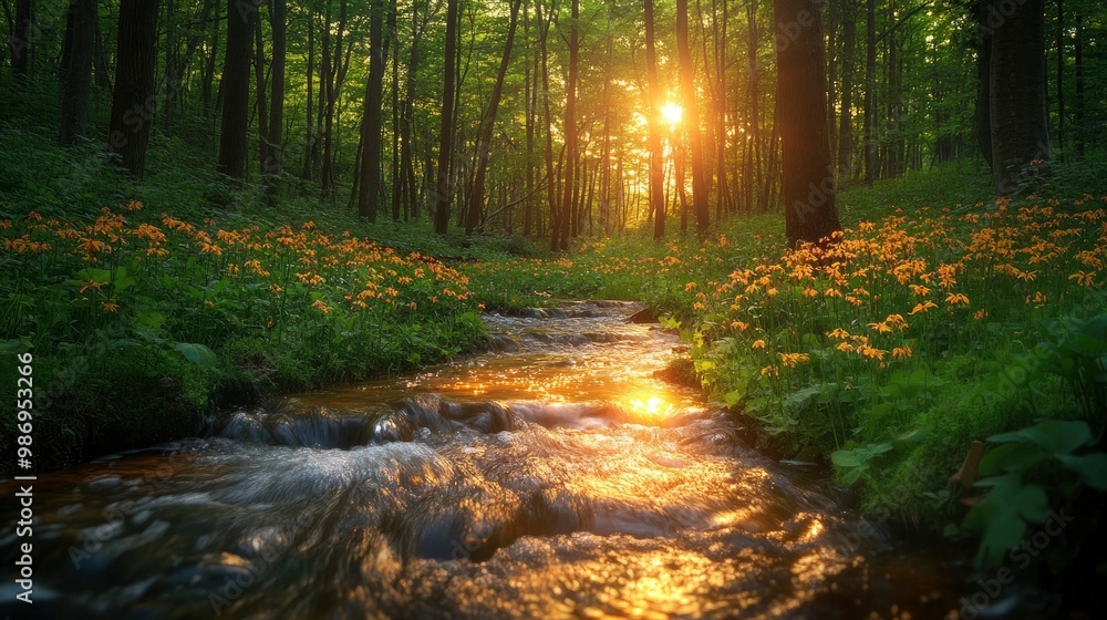 Obraz premium A picturesque photograph of a hidden, unspoiled forest clearing with a gently flowing stream and vibrant wildflowers. The sunlight filtering through the dense canopy creates a warm, golden light that