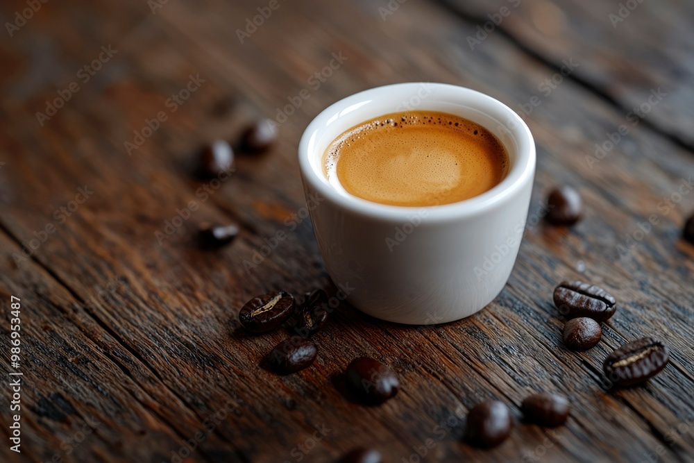 A Cup of Espresso with Coffee Beans on a Wooden Surface A Cup of Espresso with Coffee Beans on a Wooden Surface