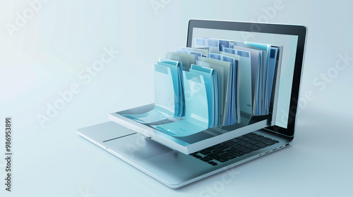 A laptop with a folder open on the screen. The folder is full of blue files