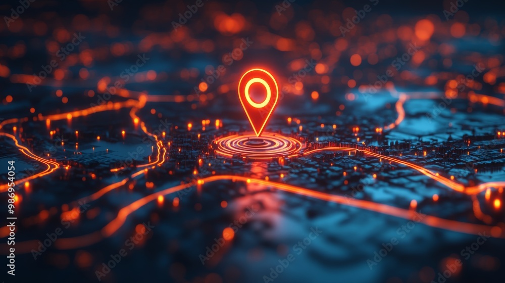 Glowing Pinpoint Location on Futuristic City Map Glowing Pinpoint Location on Futuristic City Map