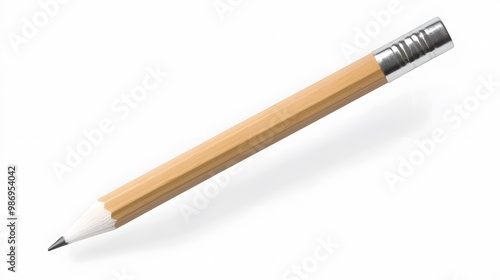 Natural wood pencil with a white eraser, isolated on a transparent background, viewed from the top.