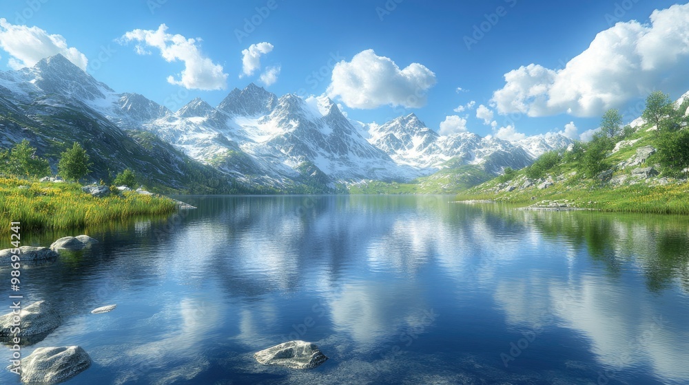 Fototapeta premium A picturesque image of a secluded, untouched mountain lake with still, clear waters reflecting the surrounding snow-capped peaks. The serene atmosphere and the untouched beauty of the landscape
