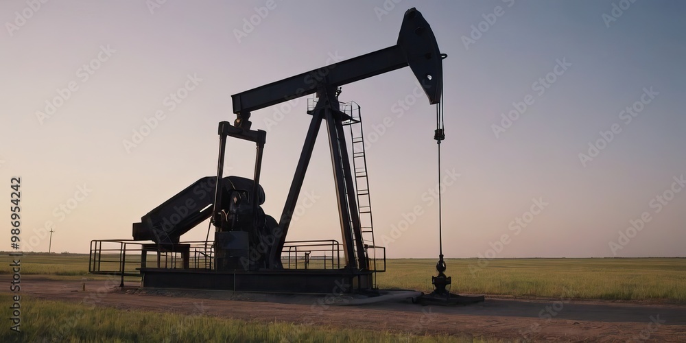 There is an oil pump situated in the middle of an open field during sunset There is an oil pump situated in the middle of an open field during sunset