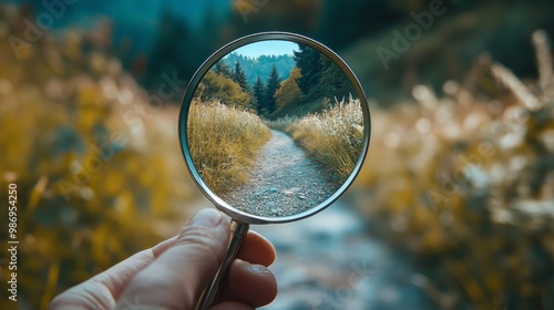 Magnifying Glass Revealing Forest Path with Trees and Green Grass