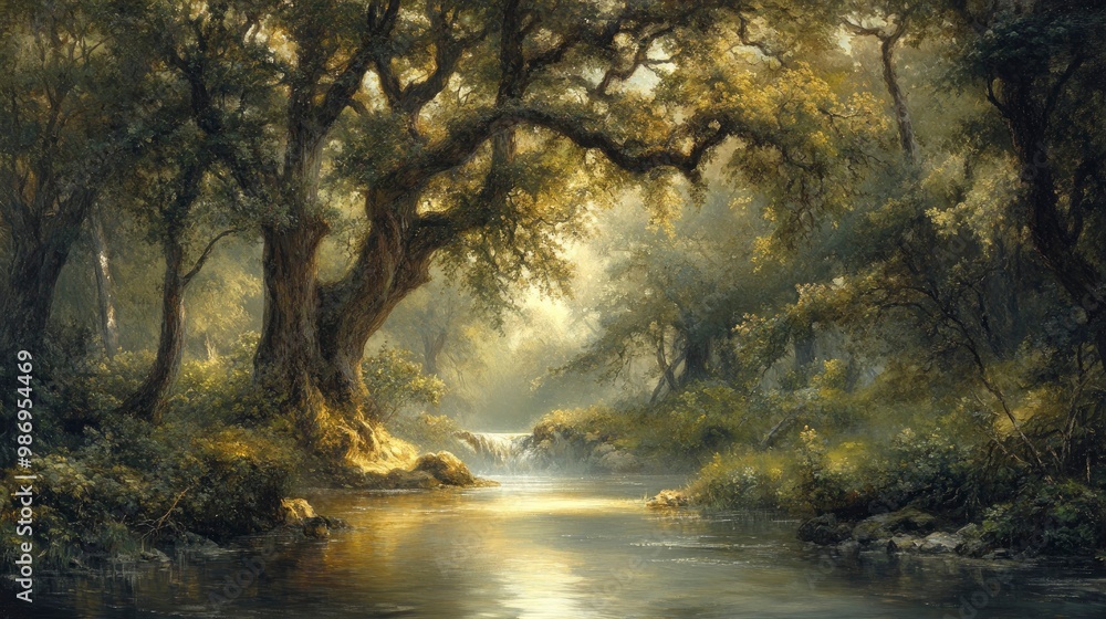 A serene view of a hidden, unspoiled forest with ancient trees and a gently flowing stream. The soft, dappled light filtering through the canopy creates a peaceful and enchanting atmosphere in this A serene view of a hidden, unspoiled forest with ancient trees and a gently flowing stream. The soft, dappled light filtering through the canopy creates a peaceful and enchanting atmosphere in this