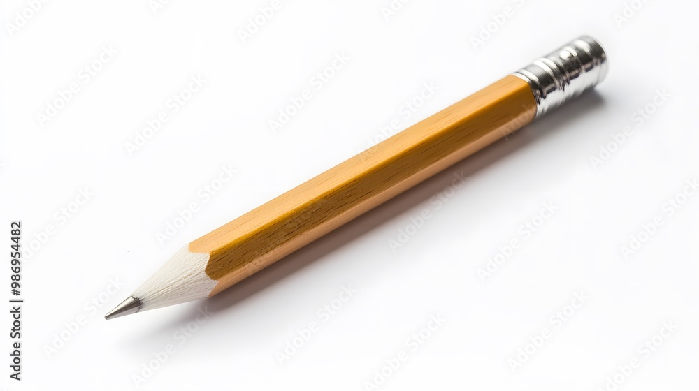 Natural wood pencil with a white eraser, isolated on a transparent background, viewed from the top. Natural wood pencil with a white eraser, isolated on a transparent background, viewed from the top.
