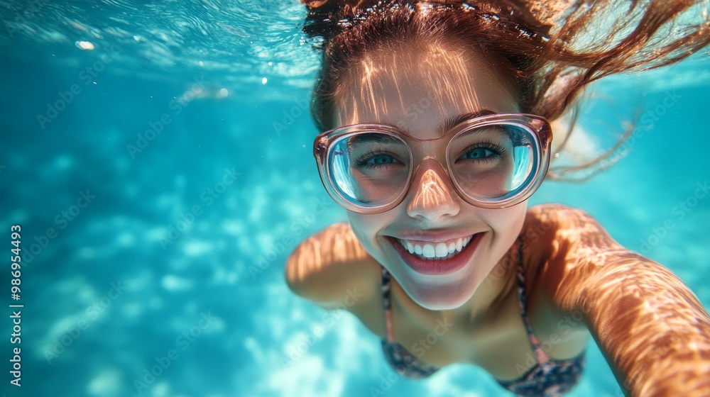Fototapeta premium Underwater Happy Woman in Swimming Goggles