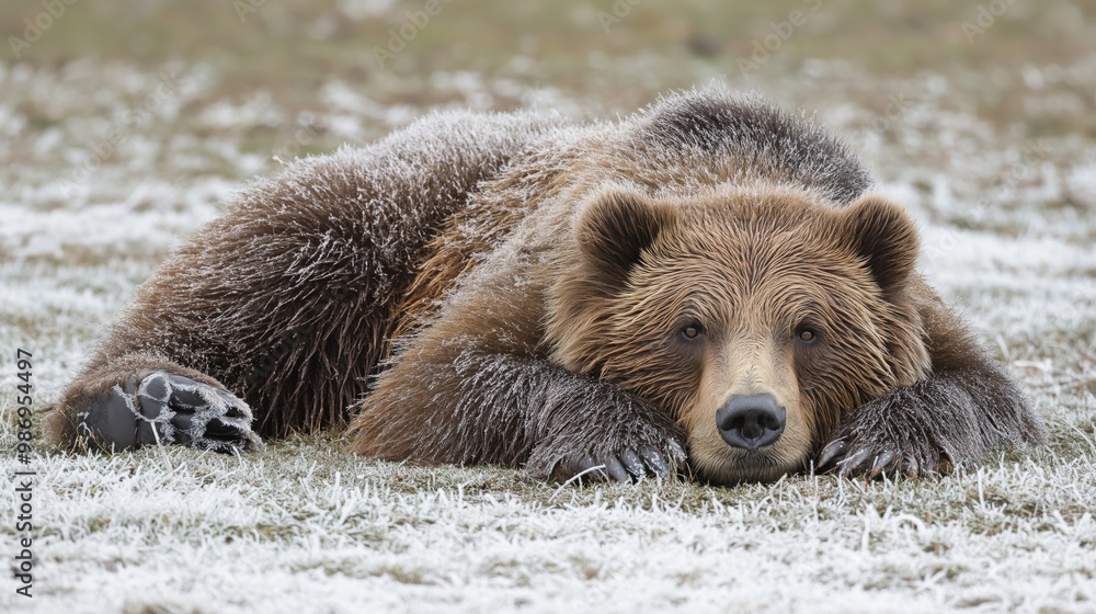 Obraz premium A large grizzly bear resting on a frosty field, its fur covered in a thin layer of frost, as it lays peacefully in the chilly winter landscape