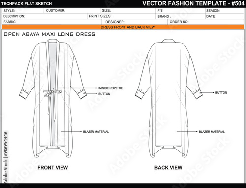  OPEN ABAYA MAXI LONG DRESS FASHION EASY EDITABLE TECHNICAL FLAT SKETCH ILLUSTRATION DESIGN